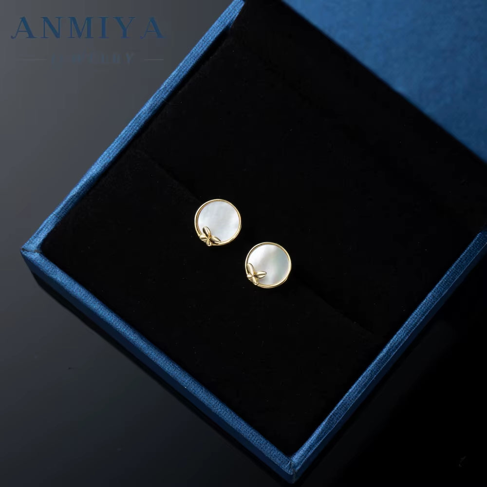 ANMIYA Fashionable 925 Sterlings Silver Designer Minimalist White Shell Butterfly Earrings for Women