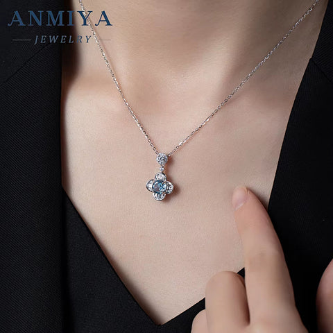 INS round Brilliant Ice Cut Zircon Flower Shape Blue Zircon 925 Silver Designer Minimalist Necklace for Women