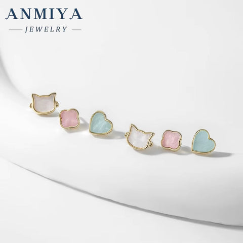 ANMIYA New Collection 925 Sterling Silver Cat Heart Four-Leaf Clover Earrings with Pink Blue Zirconia White Shell 3Pcs Set Gift