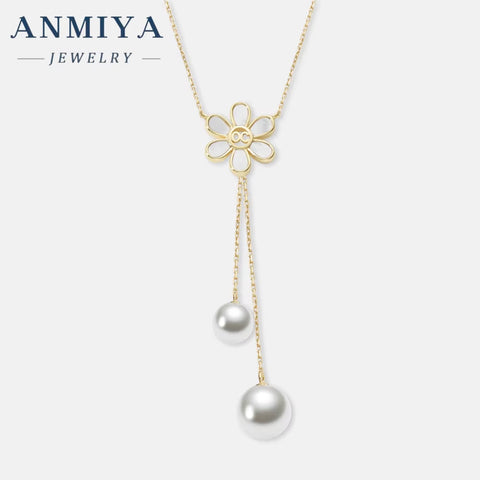 ANMIYA Women'S Long Tassel Pearl Zircon Flower Necklace Silver Plated 925 Silver Chain Style for Wedding Engagement