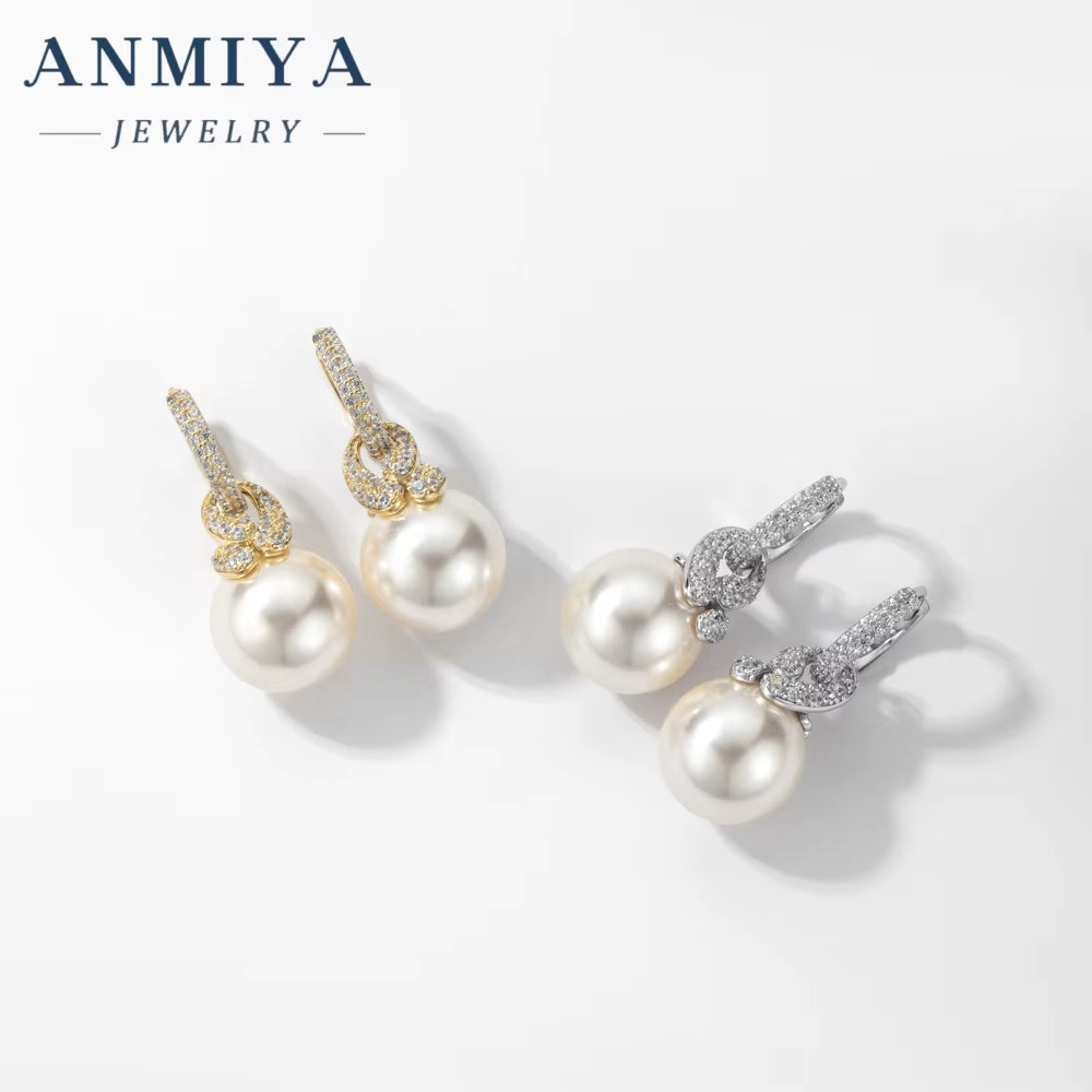 ANMIYA Wholesale 925 Sterling Silver Statement Fresh Water Pearl Cubic Zirconia Pearl Hoop Earrings