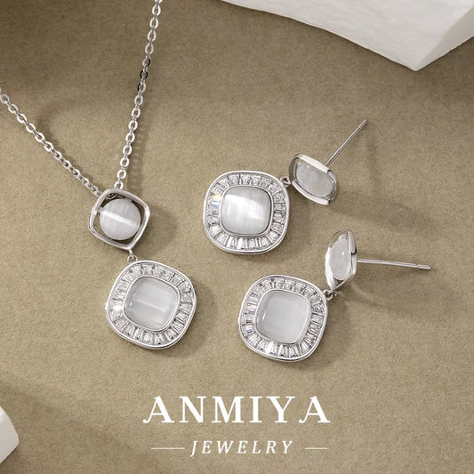 ANMIYA Glaring Gorgeous Anniversary Gift Geometric Diamond Necklace 18K 925 Silver Earrings Necklace Jewlery Set