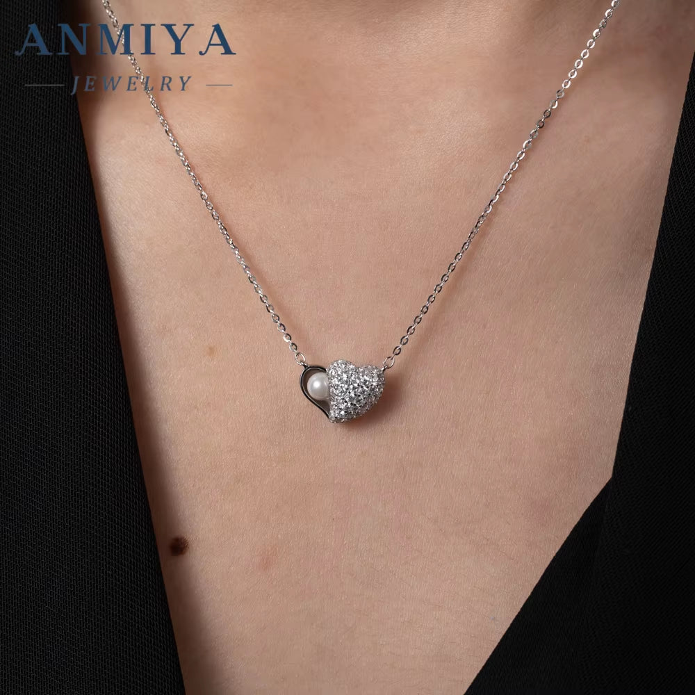 ANMIYA 925 Silver Cubic Zirconia Heart Fresh Water Pearl Shine Diamond Glaring Necklace for Women Fashion