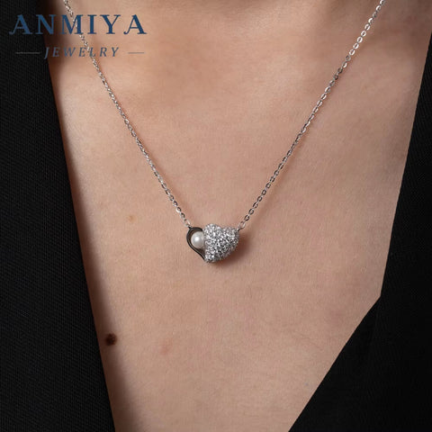 ANMIYA 925 Silver Cubic Zirconia Heart Fresh Water Pearl Shine Diamond Glaring Necklace for Women Fashion