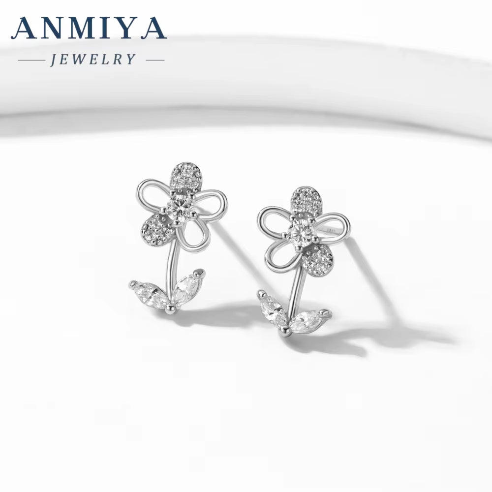 ANMIYA New Fashion 925 Sterling Silver Cute Flower Ear Stud Earrings Studs for Women Jewelry