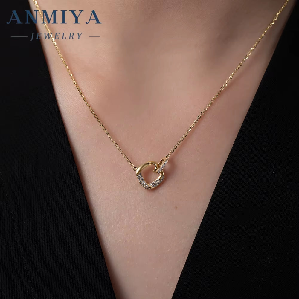 ANMIYA Geometric Square Hollow Zircon Stone 925 Silver Shine Sterling Silver 18K Gold Fashion Jewelry Girls Necklaces