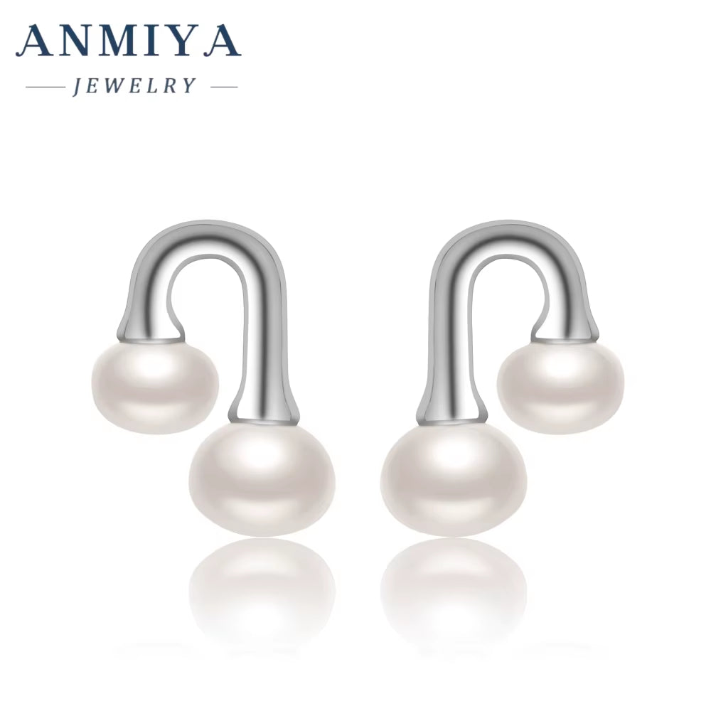 ANMIYA Dainty Sterling Silver Earrings U-Shaped Double Pearl Stud Earrings for Women