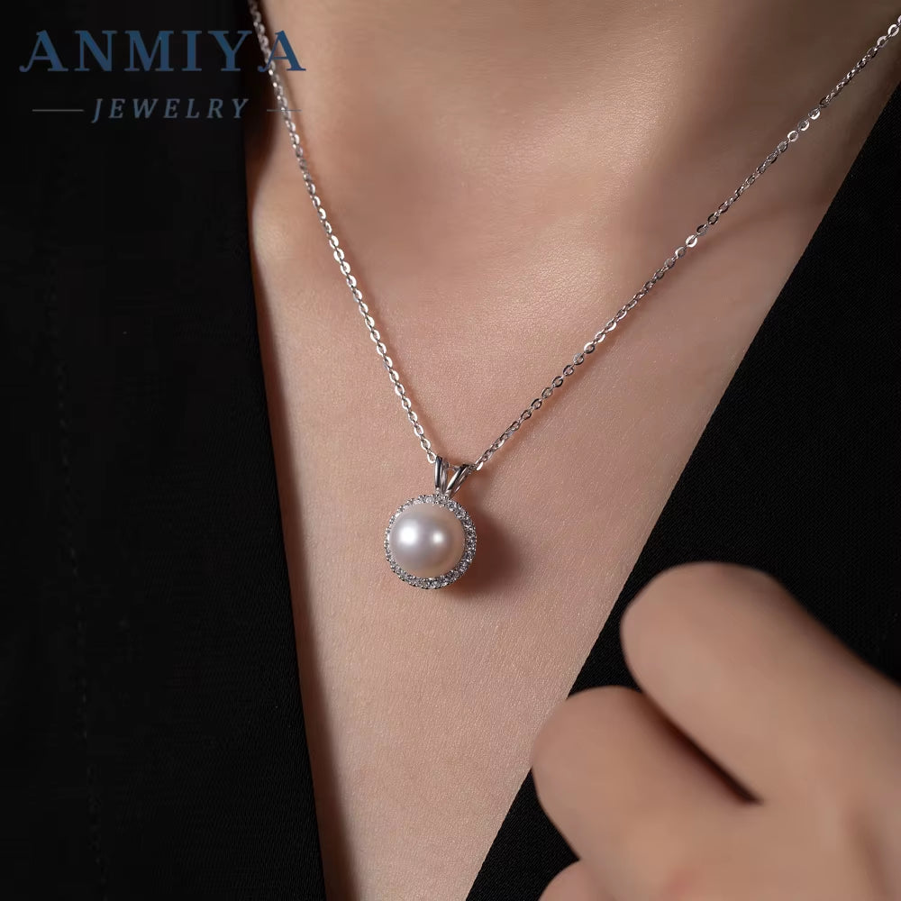 ANMIYA Elegant Fancy Classical 925 Sterling Silver Zircon Single round Pearl Pendant Necklace for Women Girls Jewelry