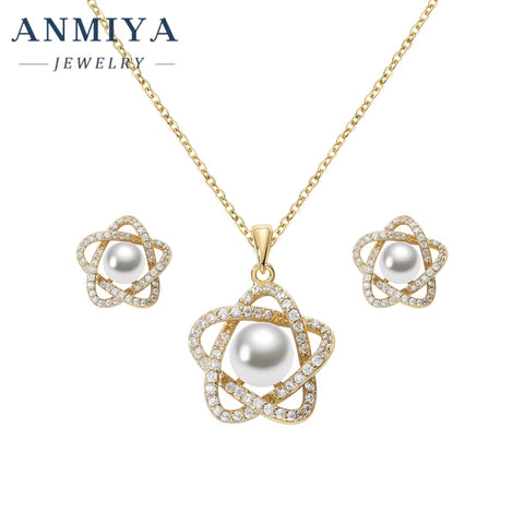 ANMIYA Best Selling 925 Sterling Silver 18K Gold Necklace Earrings Set Star Pearl Moon Shape Zircon Hypoallergenic Weddings