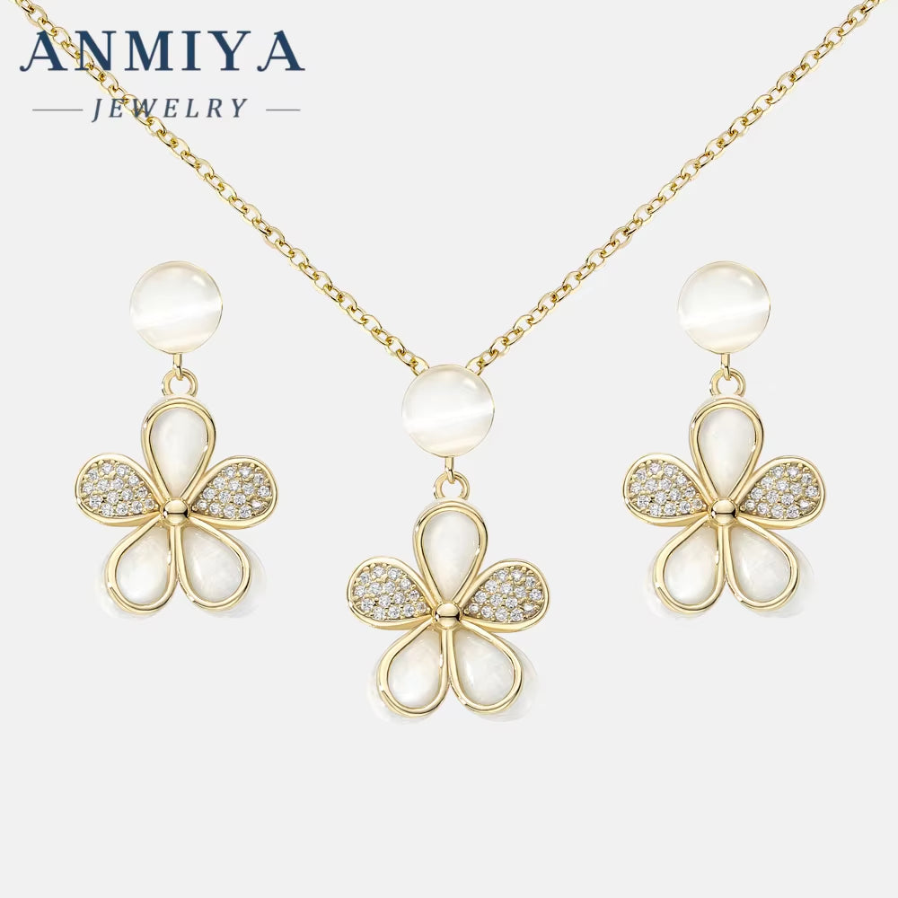 ANMIYA 925 Silver Necklace Women'S Fashion Zircon Flower Charm Pendant Necklace Earrings Set