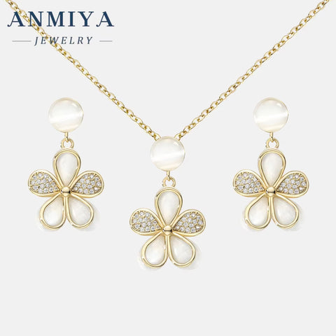 ANMIYA 925 Silver Necklace Women'S Fashion Zircon Flower Charm Pendant Necklace Earrings Set
