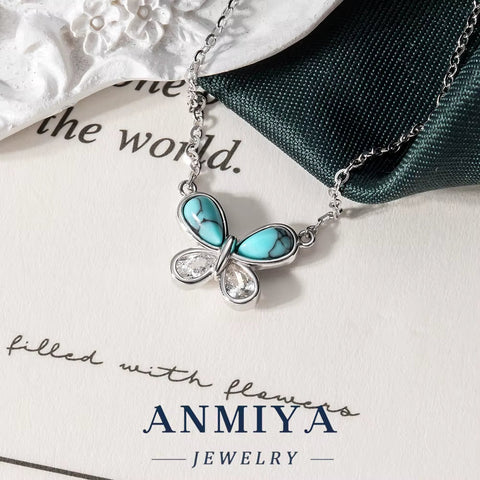 ANMIYA Women'S 925 Sterling Silver Butterfly Necklace with Turquoise Stone and Zirconia Link Chain Valentine'S Day Gift