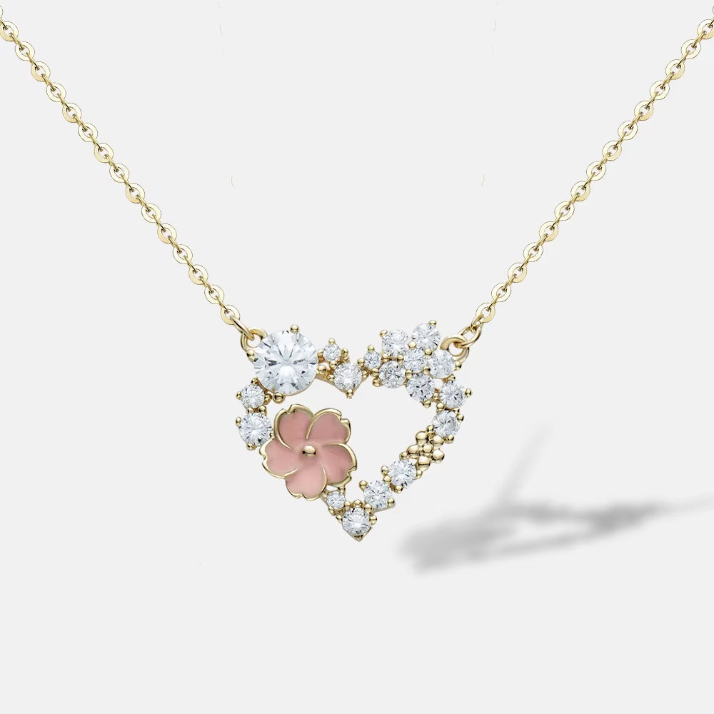 ANMIYA Fine Jewelry 925 Sterling Silver Gold Plated Pink Zircon Heart Necklace for Lover