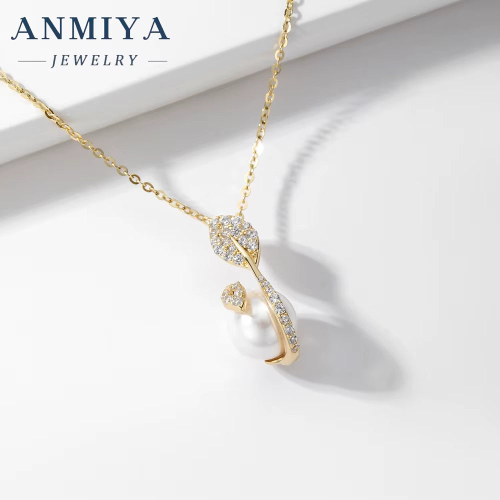 ANMIYA Trendy Jewelry Summer 2024 No Fade Adjustable Long Gold Plated 925 Silver Women Leaf Pearl Pendant Necklace