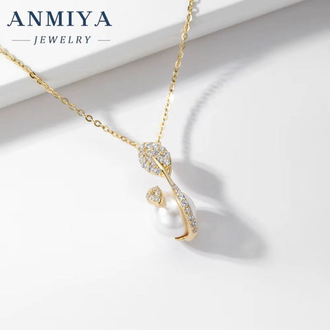 ANMIYA Trendy Jewelry Summer 2024 No Fade Adjustable Long Gold Plated 925 Silver Women Leaf Pearl Pendant Necklace
