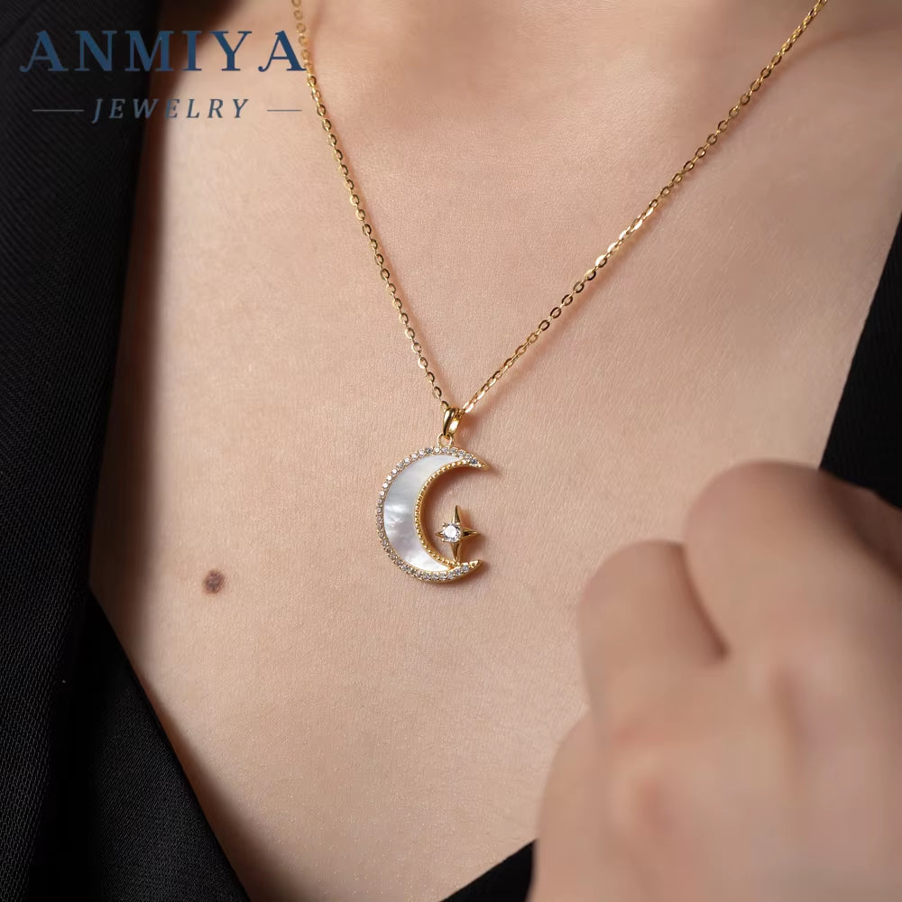 Fine Moon Shape Pendant White Shell Gold Plated Necklace Fashion 925 Silver Jewelry for Women Wholesale