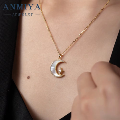 Fine Moon Shape Pendant White Shell Gold Plated Necklace Fashion 925 Silver Jewelry for Women Wholesale