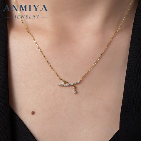 Wholesale One-Line Shape 18K Gold Plated Zircon 925 Sterling Silver Pendant Necklace Women Fine Jewelry