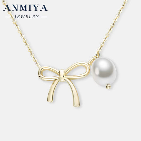 925 Sterling Silver Gold Bow Pearl Necklace for Bowknot Sweet Unique Design Fashion Elegant Style