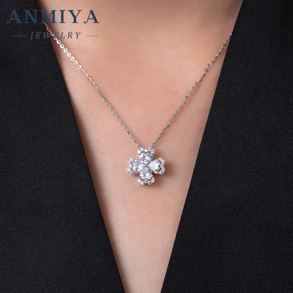 Silver Four-Leaf Clover Necklace Stud Earrings Waterproof Jewelry Four-Leaf Clover Flower Jewelry Sets