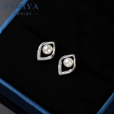 ANMIYA S925 Geometry Lake Fresh Water Pearl Earrings Glamorous White Earings Jewelry Women