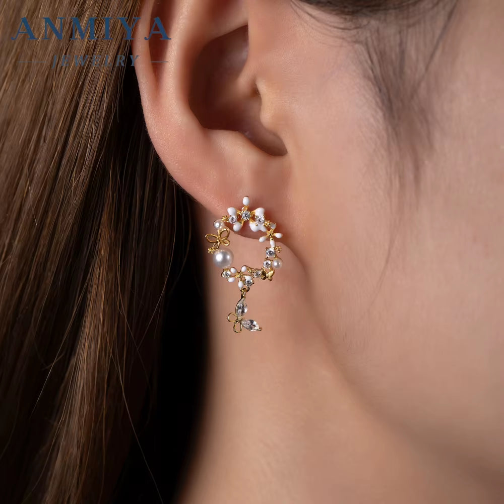 ANMIYA Fine Jewelry Butterfly Garland Fresh Water Pearl Statement Designer Cubic Zirconia 925 Silver Earrings Set Necklace