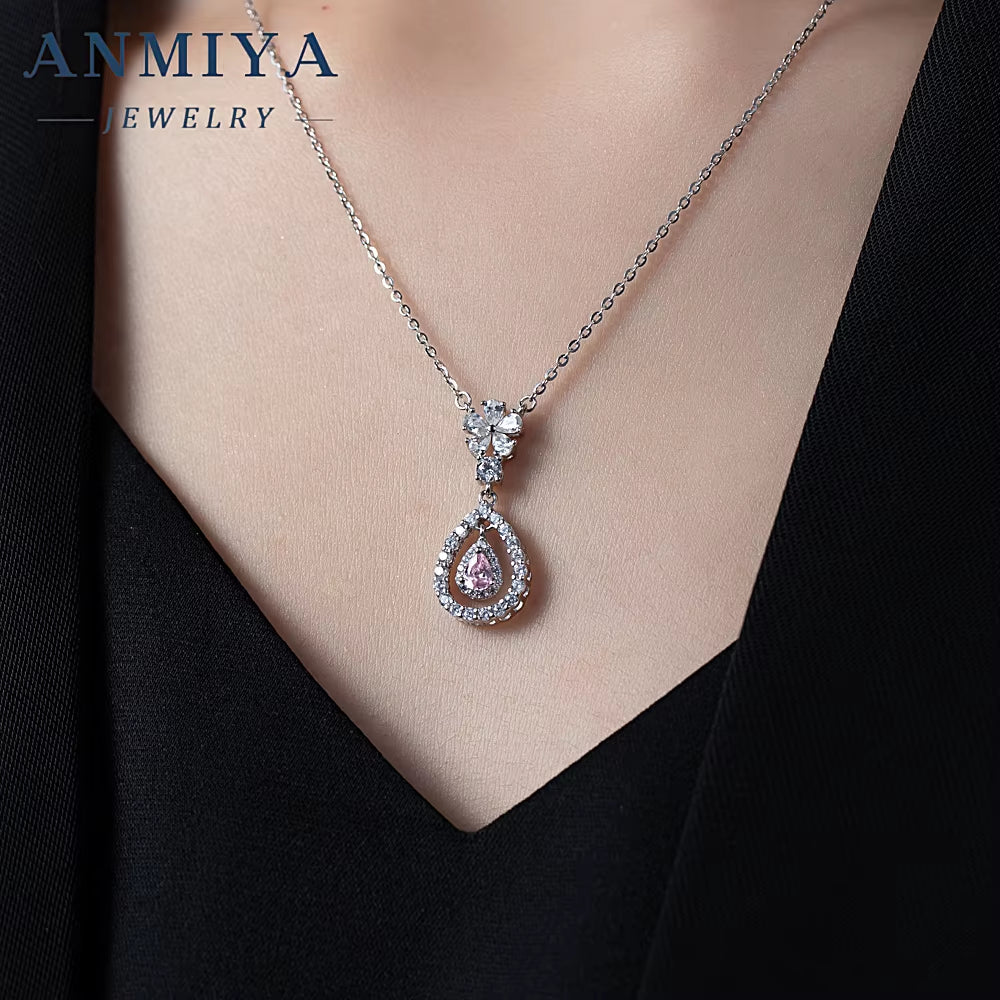 Fine Jewelry Pear Ice Crushed Cubic Pink Zirconia Hollow Out Silver Necklace Fashion Jewelry Pendants Charms