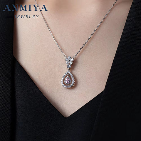 Fine Jewelry Pear Ice Crushed Cubic Pink Zirconia Hollow Out Silver Necklace Fashion Jewelry Pendants Charms