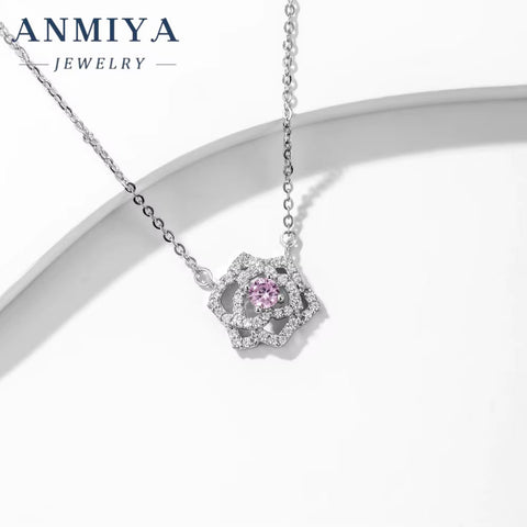100% 925 Silver Jewelry Rose Flower Hollow Women Diamond Pendant round Brilliant Cut Necklace