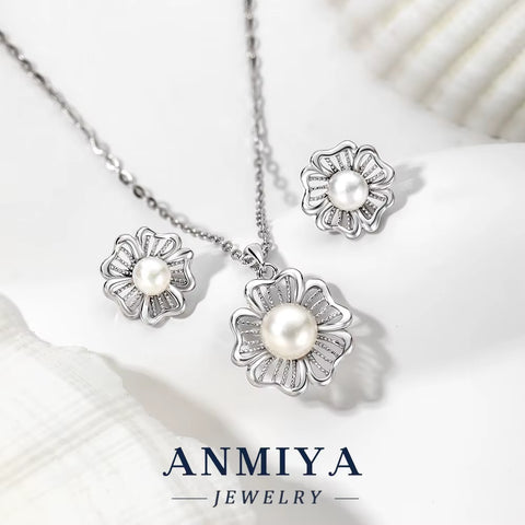 Luxury Necklace Earring Set Luxury Diamond Hollow Five Leaf Flower Pearl Charm Banquet Earring Necklace