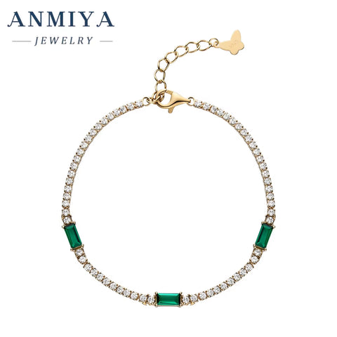ANMIYA Green Zircon Bracelets Set Rhinestone Trendy Jewelry 925 Silver 18K Gold Bracelets for Women