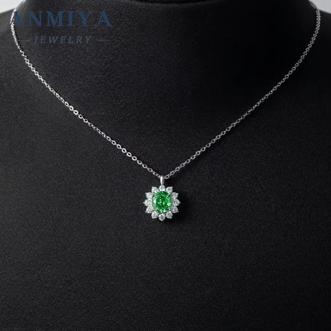 High Quality Silver 925 Fine Women Jewelry Cubic Zirconia round Brilliant Cut Sun Shape Emerald Pendant Necklace for Female
