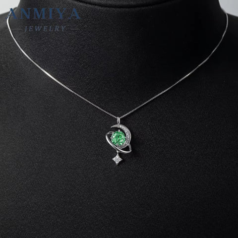 Fine Jewelry 925 Sterling Silver round Brilliant Ice Cut Green Zircon Celestial Star and Moon Star Shape Jewelry Necklace