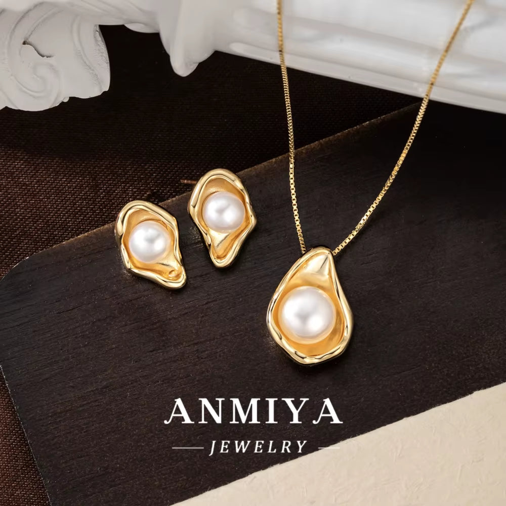 ANMIYA Jewelry 2024 Delicate Silver 925 18K Gold Plated Freshwater Pearl Sea Shell Necklace Earring Jewelry Set