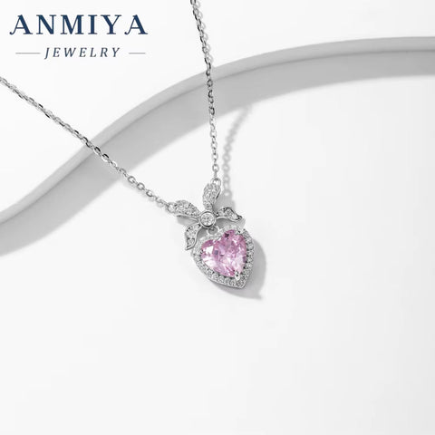 LOVE Heart Shape Pink Fashion Ins 925 Silver Ice Cut Zircon Women Necklace for Girlfriend