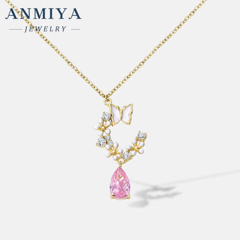 ANMIYA Best Selling Accessory Jewelry Sterling 925 Pink Zircon Water Drop Garland Earrings Set and Necklace for Gift Girls