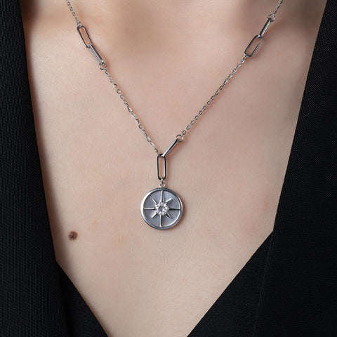 Female 925 Sterling Silver Women Dainty round Star Sun Shine Pendant Necklace for Women