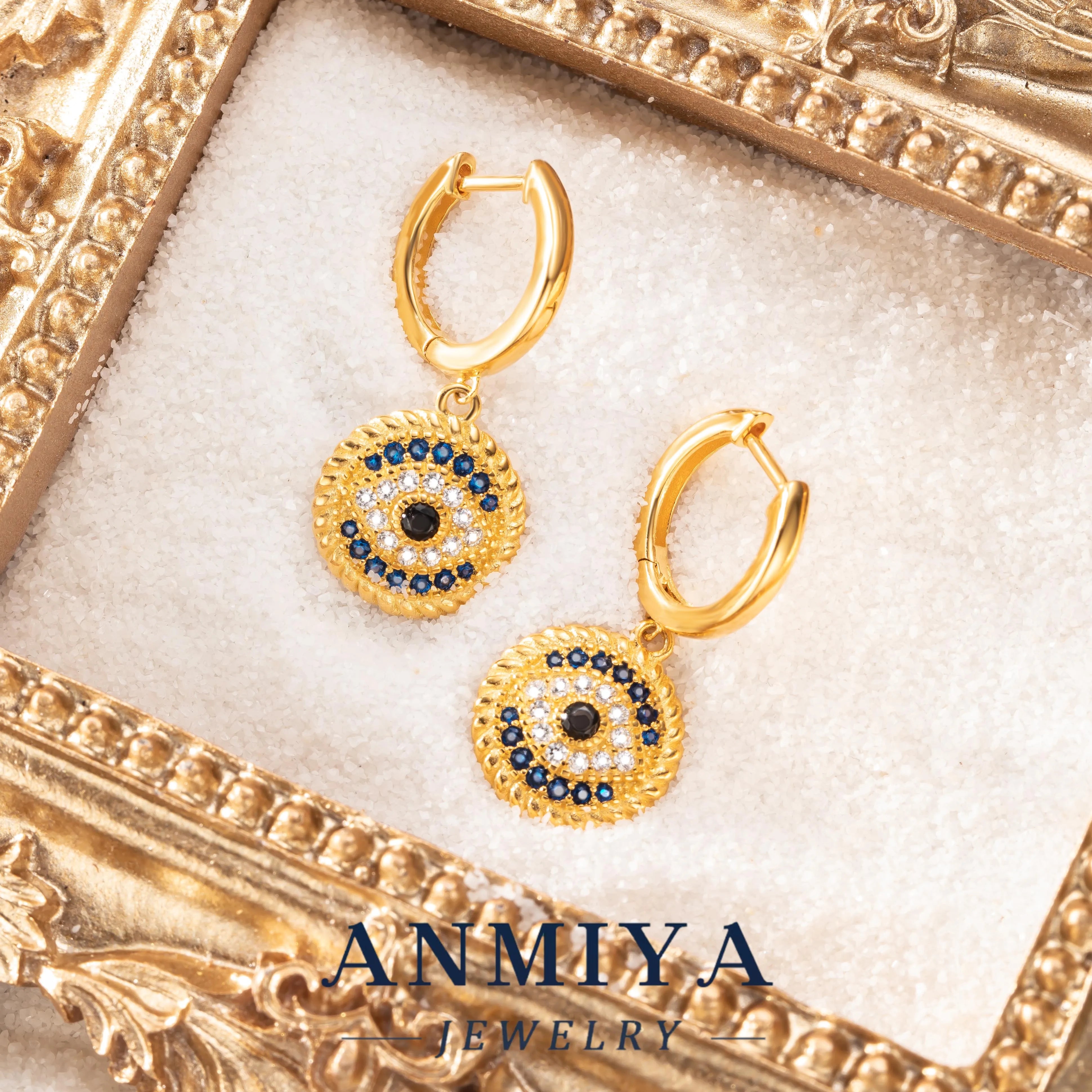 ANMIYA 925 Sterling Silver Eye Pendant and round Hoop Earring Waterproof Gold Plated Demon Eye Earring for Gift