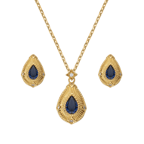 ANMIYA 18K Gold Plated Drop Earring Jewelry Blue Zircon Earring Women Drop Necklace 925 Silver Jewelry Set for Lady Gift