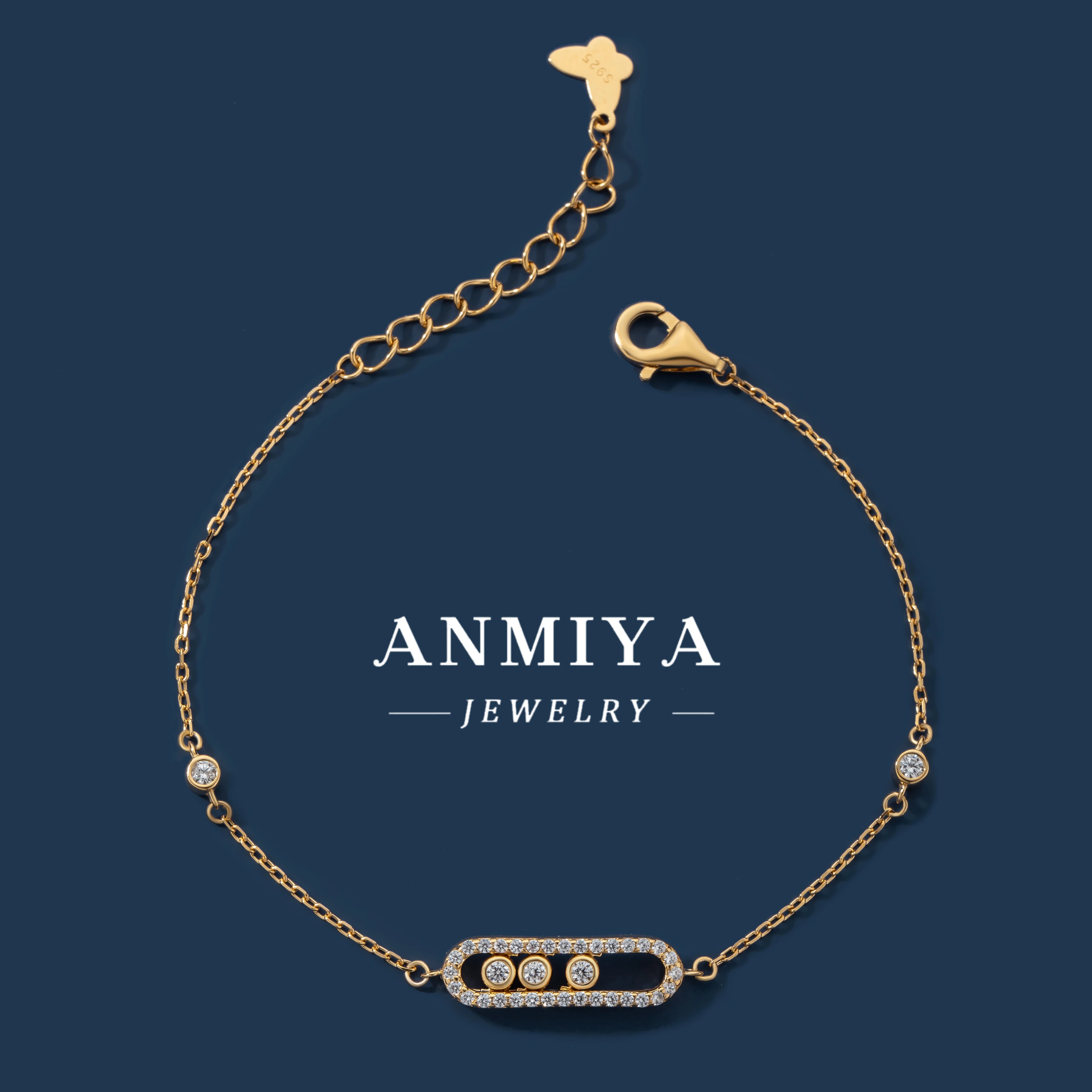 ANMIYA Jewelry Diamond Sliding High-End Gold-Plated 18K 925 Sterling Silver Classic Style Bracelet for Women