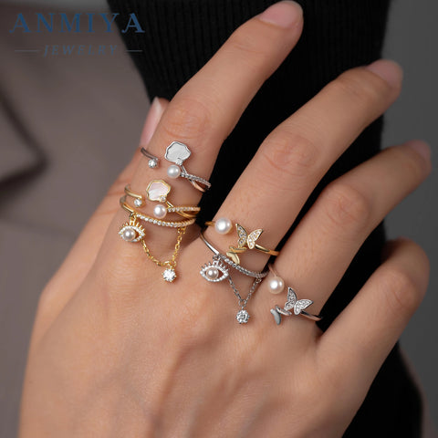 ANMIYA 925 Sterling Silver Eye Ring Fashionable Adjustable Butterfly Finger All Size Ring Gold Plated Rings for Women