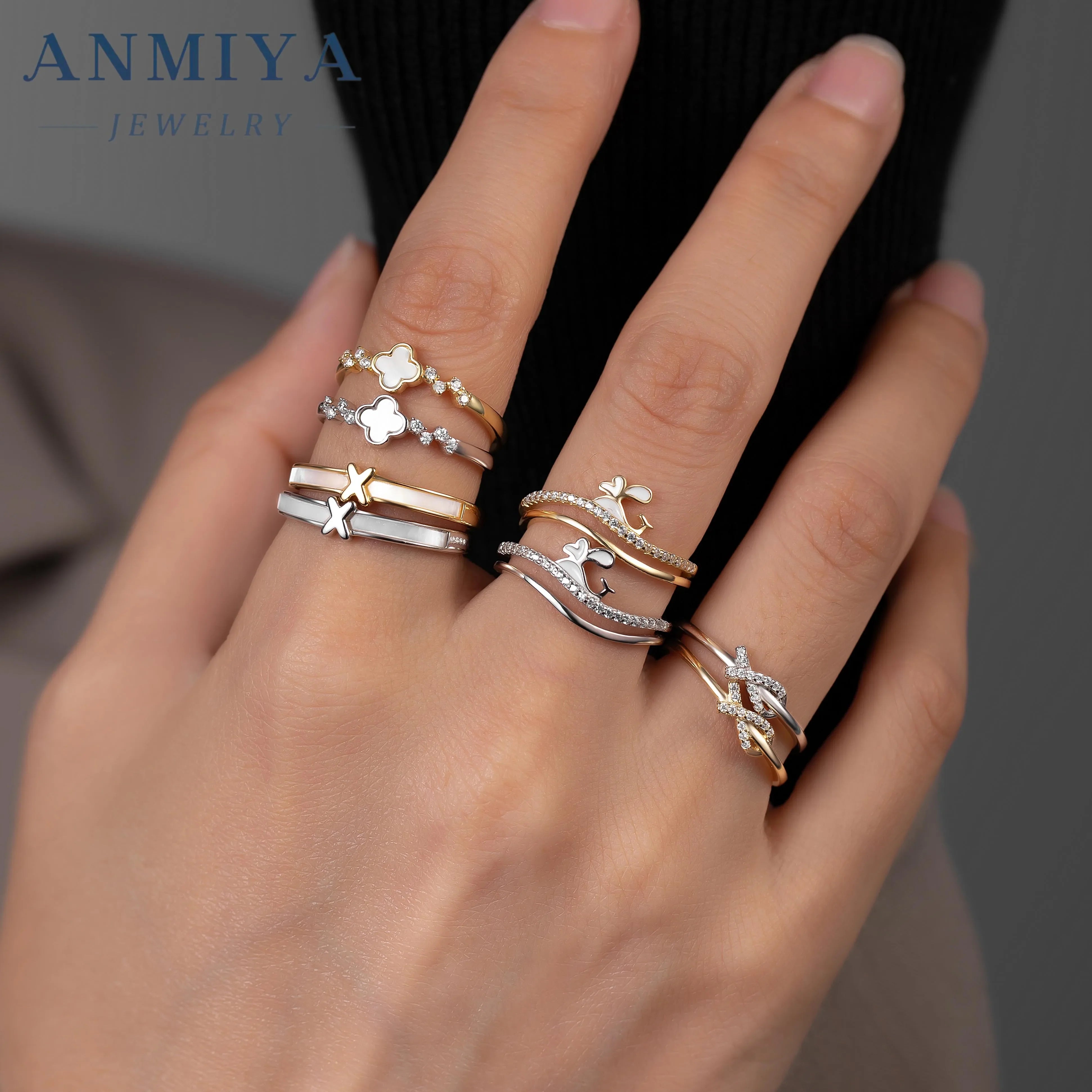 ANMIYA 925 Sterling Silver 18K Gold Plated Cubic Zirconia Clover Ring Twisted Eternity Band Ring for Women