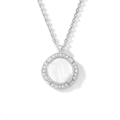 ANMIYA Luxury Unisex 925 Sterling Silver 14K Gold-Plated round Pendant Elegant Design with White Shell Cubic Zirconia Necklace