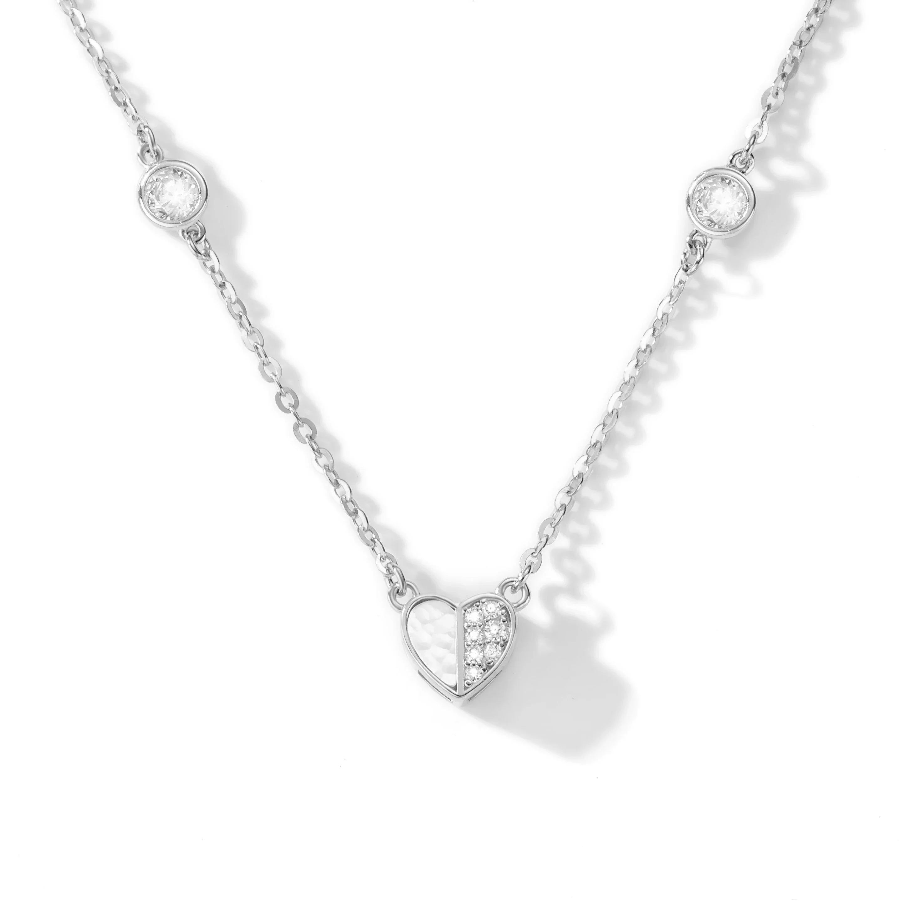 Customizable 925 Sterling Silver Heart-Shaped White Shell Pendant Zircon Lustrous Necklace Women Weddings Valentine'S Day