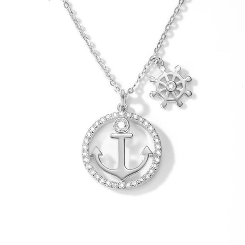 925 Sterling Silver 18K Gold Plated Anchor and Ship Wheel Pendant with Cubic Zirconia Nautical-Inspired Jewelry Necklace