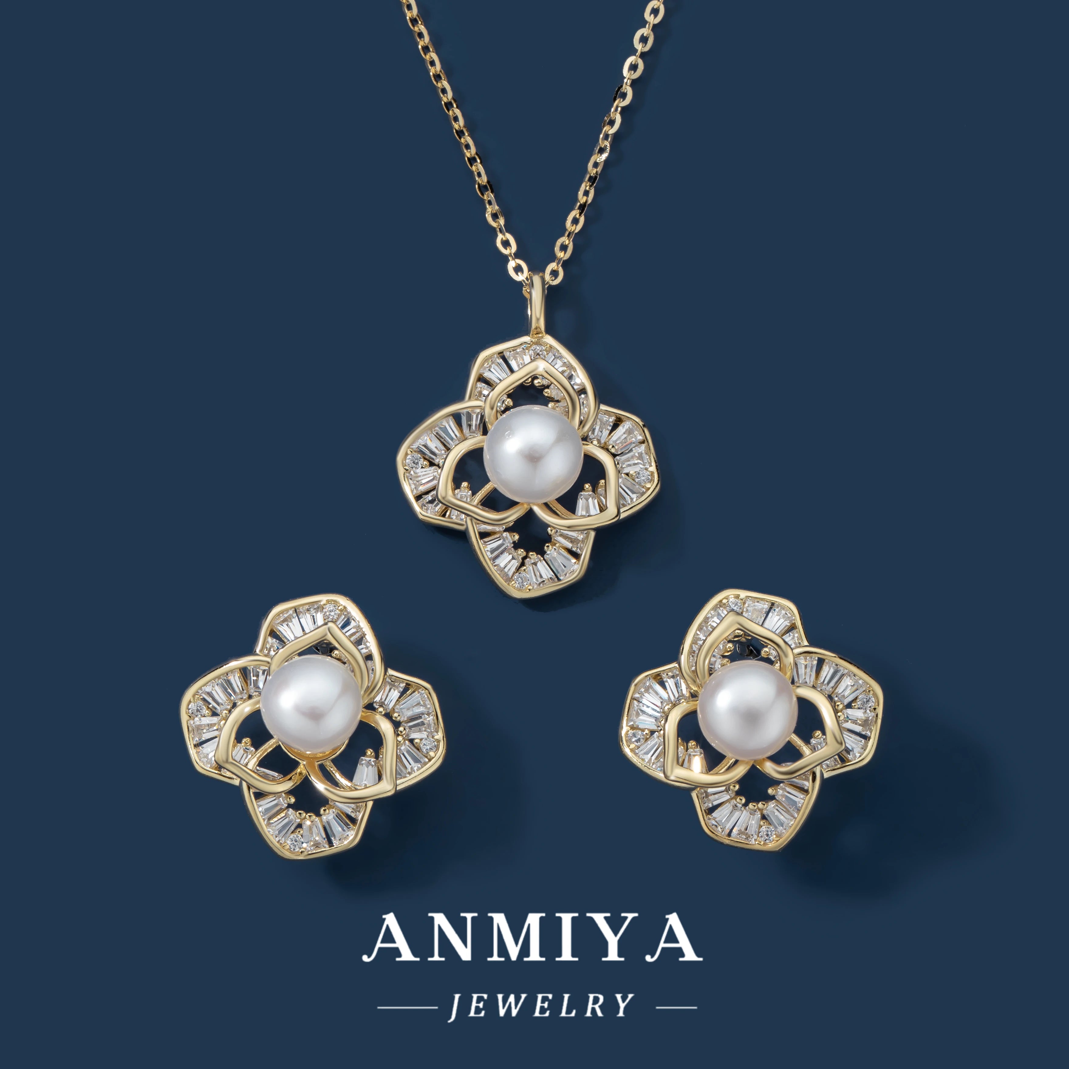 Topsale Fine Pearl 18K Gold Plated Flower Necklace and Earring Jewelry High Quality 925 Sterling Silver Gift Set