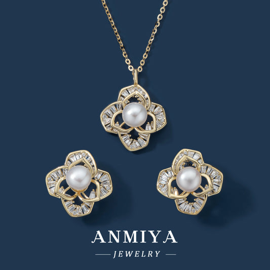 Topsale Fine Pearl 18K Gold Plated Flower Necklace and Earring Jewelry High Quality 925 Sterling Silver Gift Set