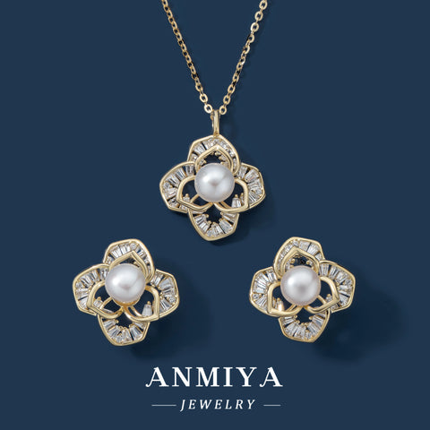 Topsale Fine Pearl 18K Gold Plated Flower Necklace and Earring Jewelry High Quality 925 Sterling Silver Gift Set