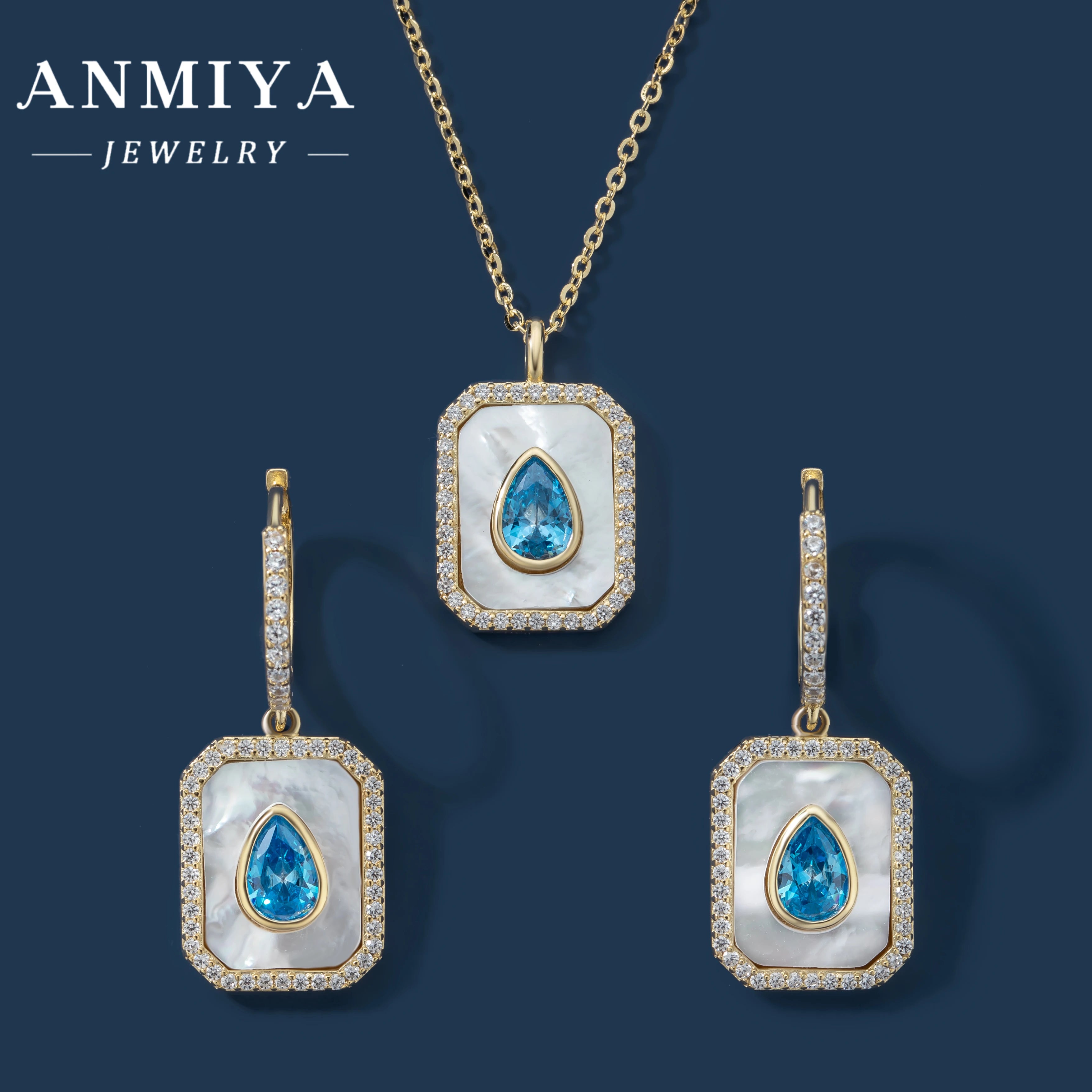 ANMIYA 925 Silver Square White Shell Blue Water Drop Zircon Hoop Earring and Necklace Jewelry Set for Gitf