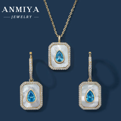 ANMIYA 925 Silver Square White Shell Blue Water Drop Zircon Hoop Earring and Necklace Jewelry Set for Gitf